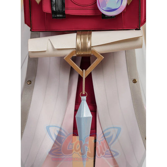 Genshin Impact Linnea cosplay crystal pendant hanging from white waist belt back view