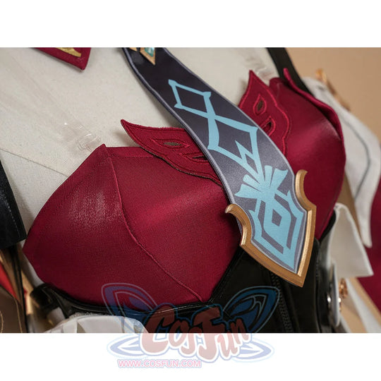 Genshin Impact Linnea cosplay dark tie with blue diamond pattern and red corset detail