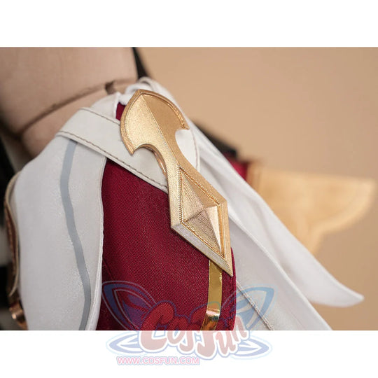 Genshin Impact Linnea cosplay gold shoulder armor piece on red corset and white coat