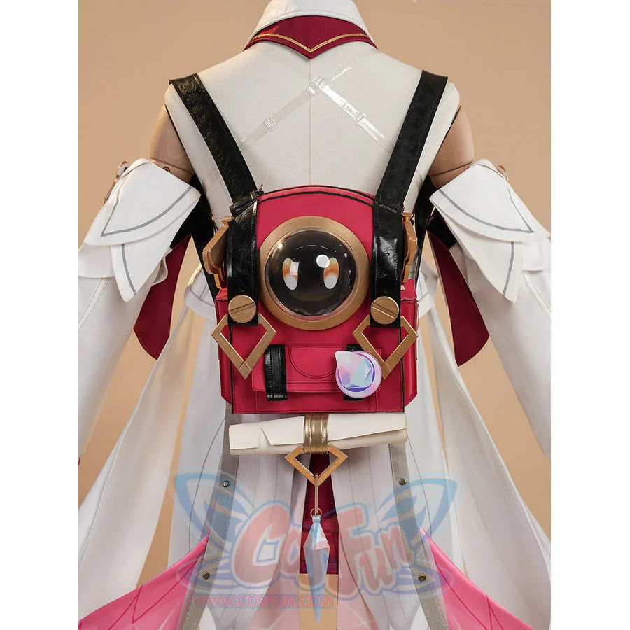 Genshin Impact Linnea cosplay back view with red round Nod-Krai backpack on costume