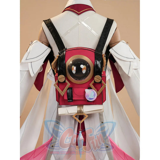 Genshin Impact Linnea cosplay back view with red round Nod-Krai backpack on costume