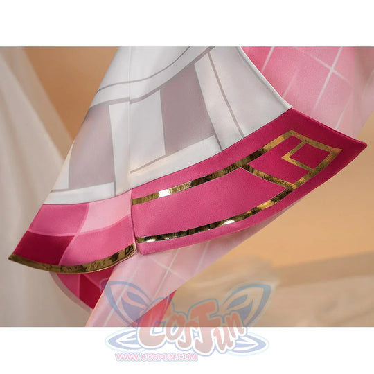 Genshin Impact Linnea cosplay pink skirt hem with gold border trim close-up detail