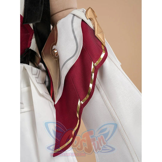 Genshin Impact Linnea cosplay red shoulder cape with gold trim and white coat close-up