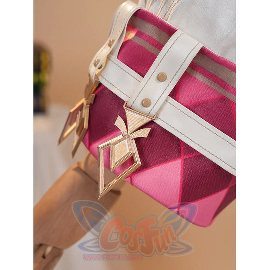 Genshin Impact Linnea cosplay skirt with pink diamond pattern and gold buckle detail