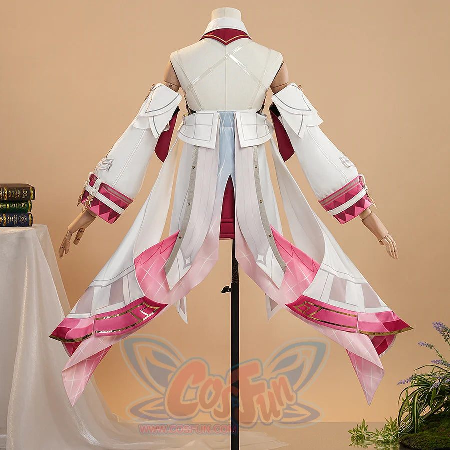 Genshin Impact Linnea cosplay white long coat back view detail on mannequin