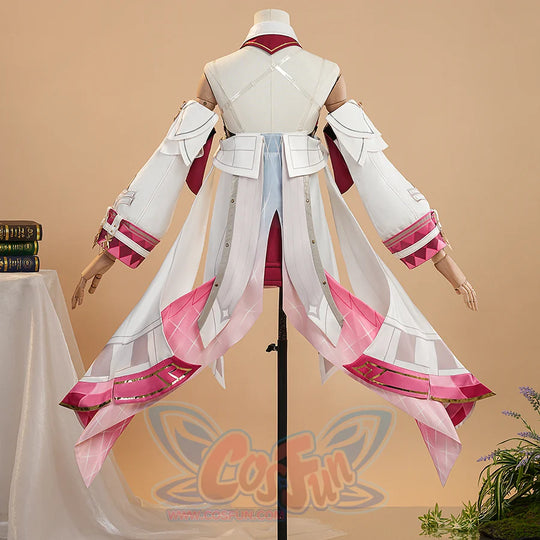 Genshin Impact Linnea cosplay white long coat back view detail on mannequin