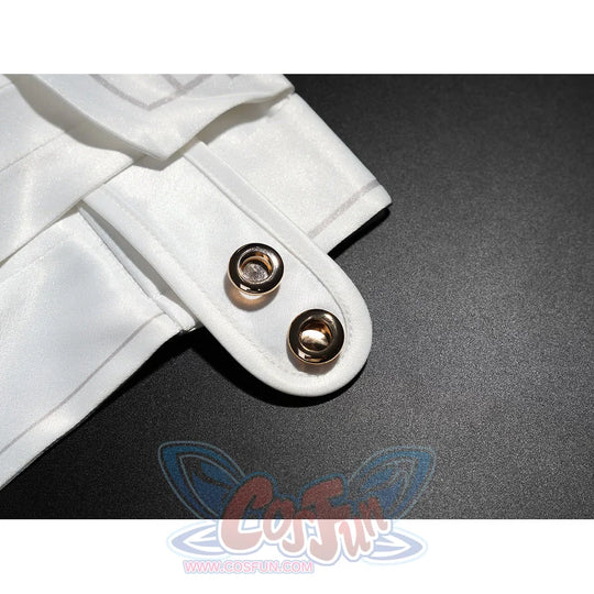 Genshin Impact Linnea cosplay white glove close-up with gold and silver snap buttons