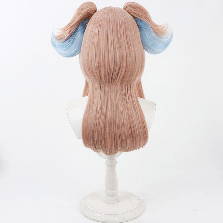 Linnea cosplay wig back view displaying smooth pink-brown hair with blue-highlighted twin pigtails on mannequin