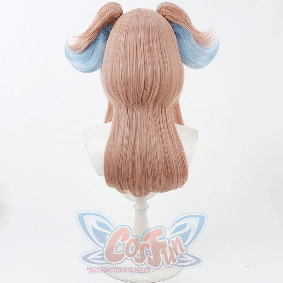 Linnea cosplay wig back view displaying smooth pink-brown hair with blue-highlighted twin pigtails on mannequin