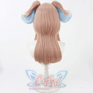 Linnea cosplay wig back view displaying smooth pink-brown hair with blue-highlighted twin pigtails on mannequin