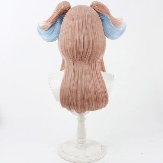 Linnea cosplay wig back view displaying smooth pink-brown hair with blue-highlighted twin pigtails on mannequin