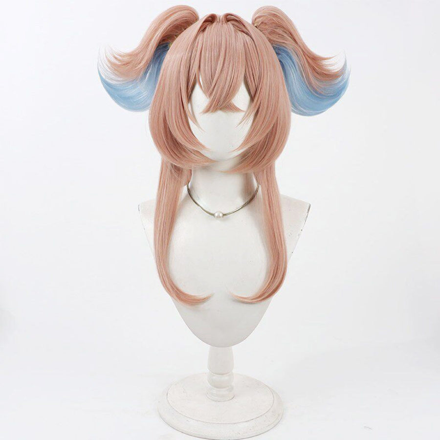Linnea cosplay wig front view, pink-brown hair with blue highlights and twin pigtails on mannequin