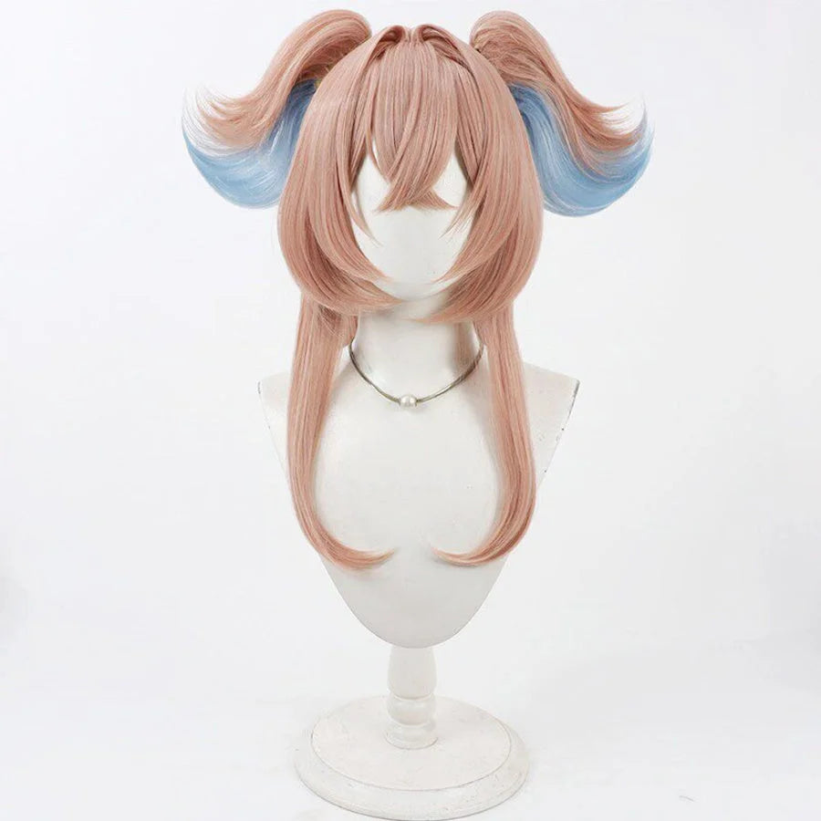 Linnea cosplay wig front view, pink-brown hair with blue highlights and twin pigtails on mannequin