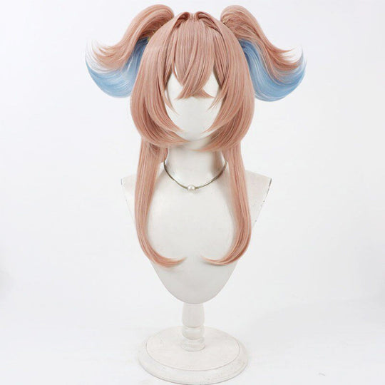 Linnea cosplay wig front view, pink-brown hair with blue highlights and twin pigtails on mannequin