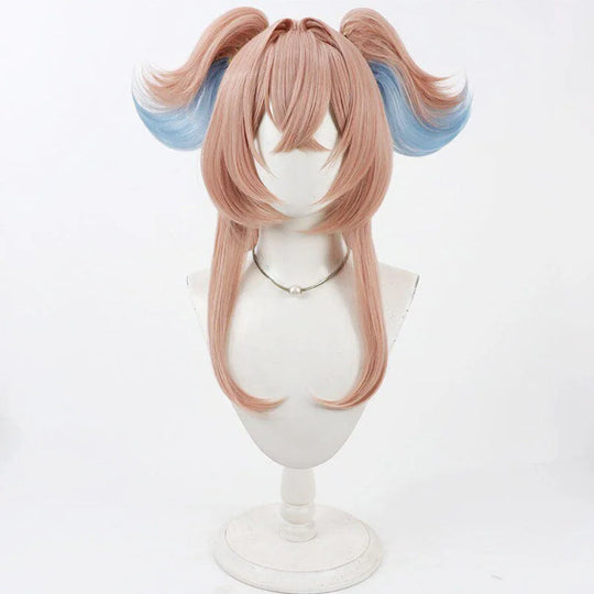 Linnea cosplay wig front view, pink-brown hair with blue highlights and twin pigtails on mannequin