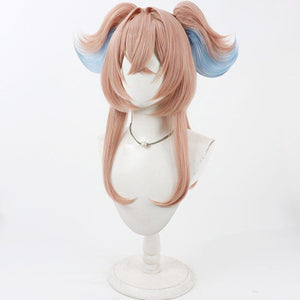 Linnea cosplay wig angled front view showing full-length pink-brown hair with blue-highlighted twin pigtails on mannequin