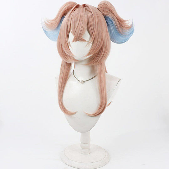 Linnea cosplay wig angled front view showing full-length pink-brown hair with blue-highlighted twin pigtails on mannequin