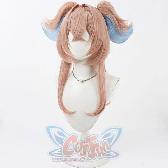 Linnea cosplay wig angled front view showing full-length pink-brown hair with blue-highlighted twin pigtails on mannequin