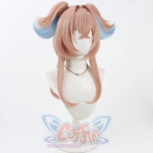 Linnea cosplay wig side angle view showing full-length pink-brown hair with blue-highlighted twin tails