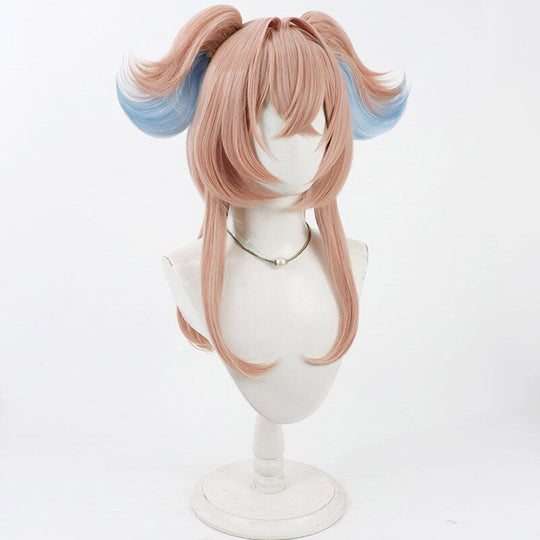 Linnea cosplay wig side angle view showing full-length pink-brown hair with blue-highlighted twin tails