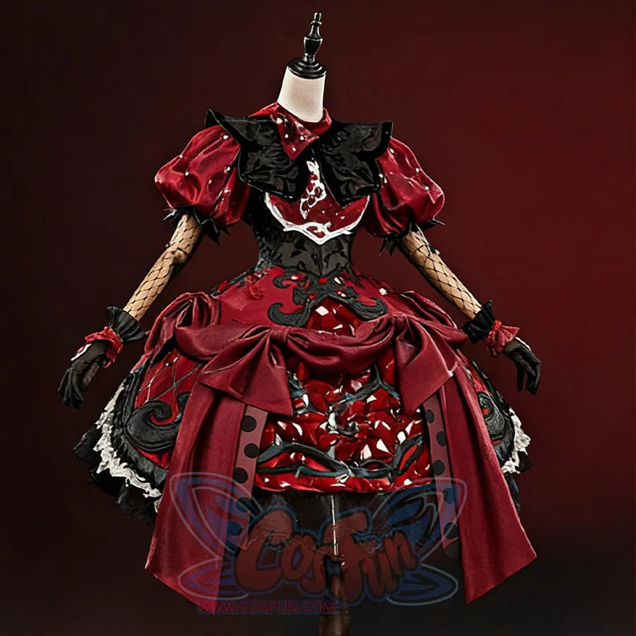Miss Pomegranate Plate Little Girl cosplay dress front view showing layered red skirt, black embroidery, and lace trim details