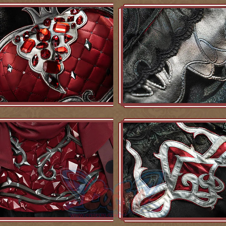 Little Girl cosplay four-panel detail showing red gem bodice, black embossed leather, crystal trim, and silver embroidery