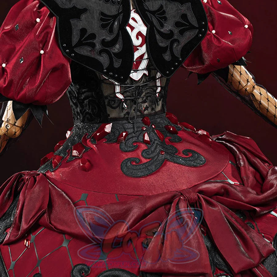 Identity V Little Girl cosplay costume back view with lace-up corset, red satin skirt bustle, and black scroll embroidery