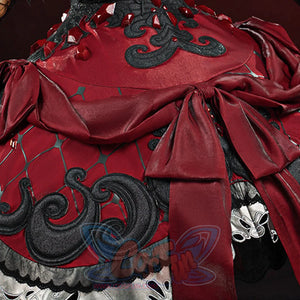 Miss Pomegranate Little Girl cosplay skirt back with large red satin bow, black scroll embroidery, and white lace hem detail