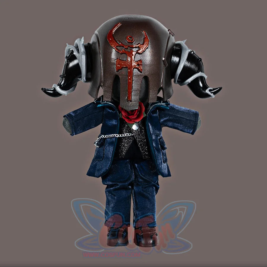 Identity V Prisoner character figure in blue suit with iron mask helmet, shown as scale reference for Little Girl cosplay set