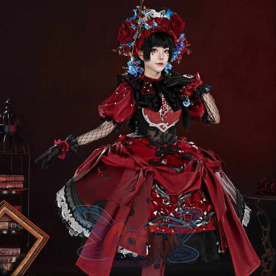 Little Girl cosplay outfit with floral red rose headpiece, black collar bodice, puffed sleeves, and layered polka dot skirt