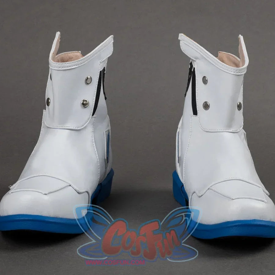 Side view highlighting white leather texture, blue sole contrast, black strap details, and metal button accents