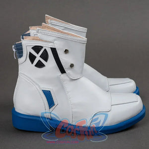 Angled view showcasing the black “X” emblem in 3D, blue - accented panels, and white leather craftsmanship