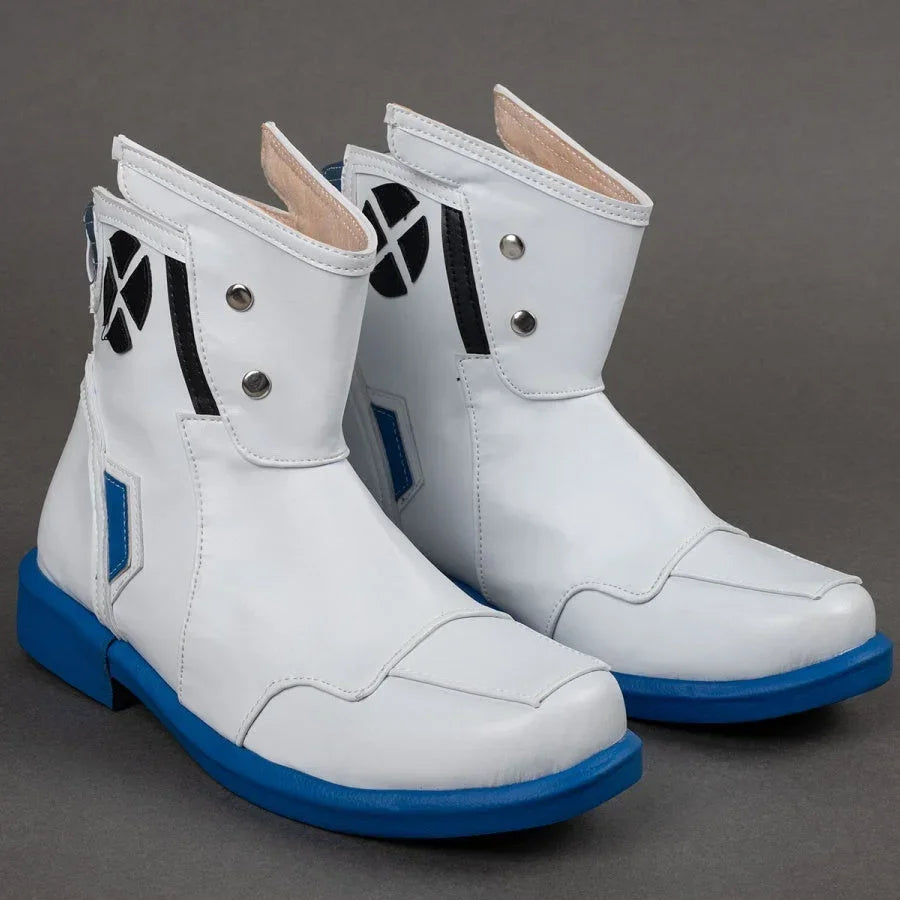 Logan Howlett Wolverine cosplay shoes – White boots with blue soles, black accents, and metal studs, front view
