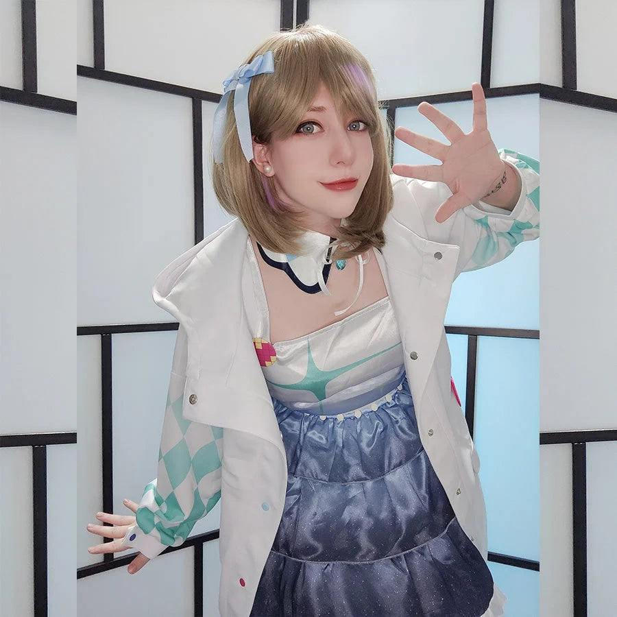 COSFUN LoveLive! SuperStar!! Liella! Tang Keke cosplay costume layers green checkerboard sleeves over a multi-colored.