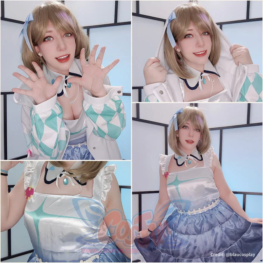 LoveLive! SuperStar!! Liella! Tang Keke cosplay jacket pairs turquoise checker hood over a star-motif blue skirt and pale.