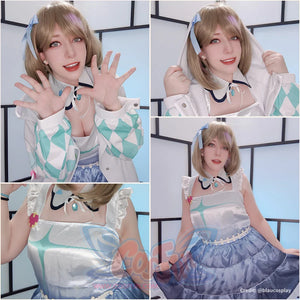 LoveLive! SuperStar!! Liella! Tang Keke cosplay jacket pairs turquoise checker hood over a star-motif blue skirt and pale.