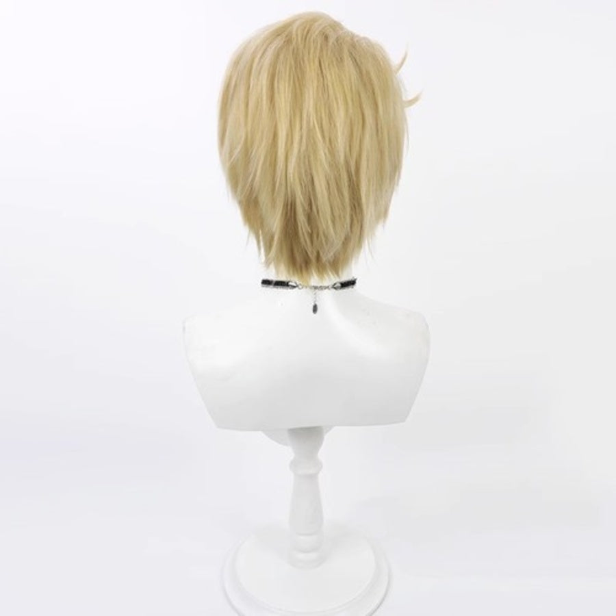 Hazbin Hotel Lucifer Morningstar cosplay wig, short straight blonde hair, back view on mannequin