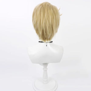 Hazbin Hotel Lucifer Morningstar cosplay wig, short straight blonde hair, back view on mannequin