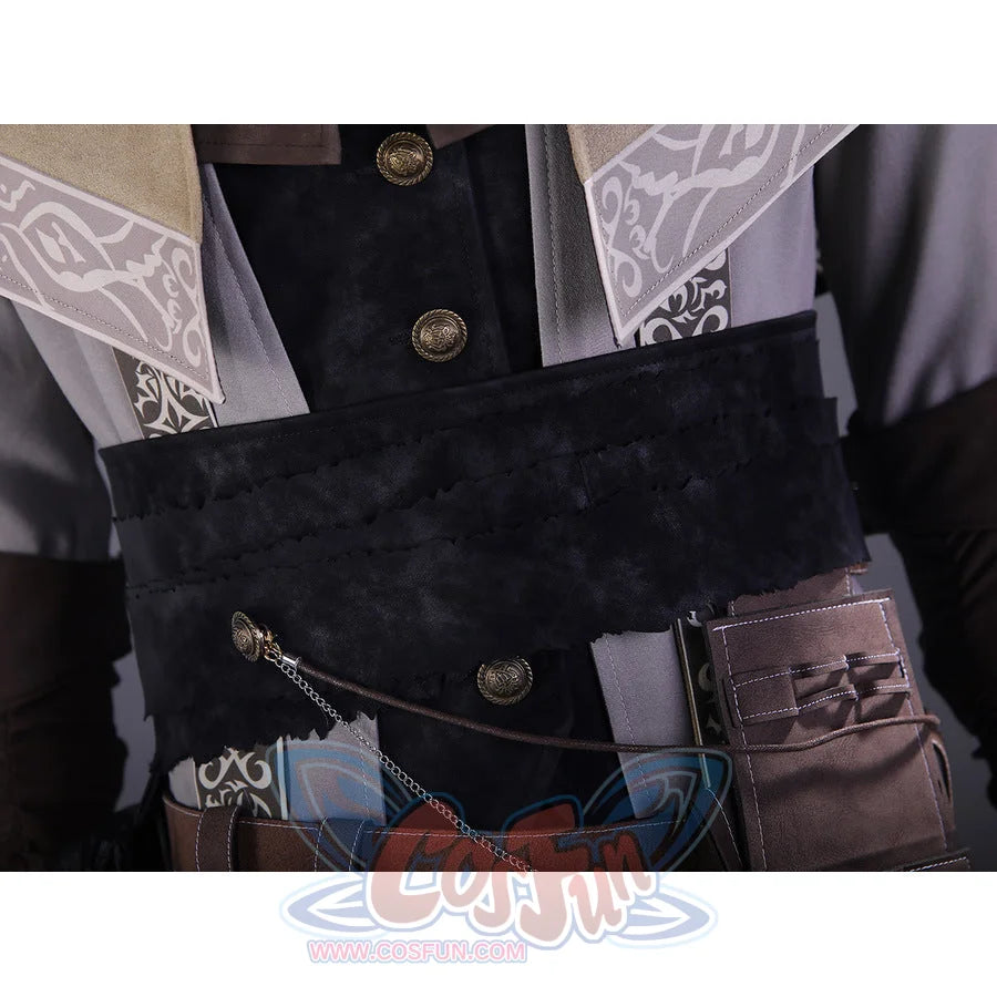 Bloodborne Ludwig cosplay coat detail with bronze buttons, decorative white cape trim, and leather belt accessories