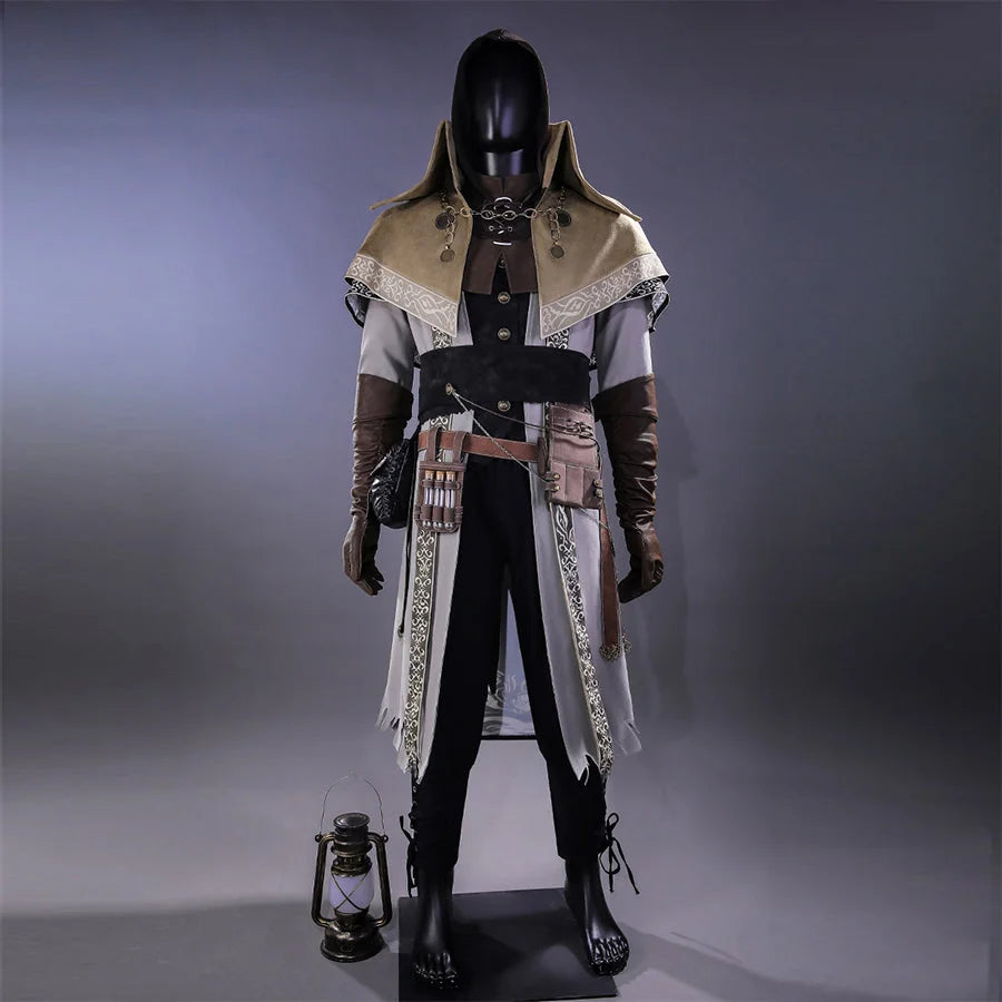 Bloodborne Ludwig cosplay costume front view on mannequin with hooded cape, dark coat, belt pouches, and lantern prop