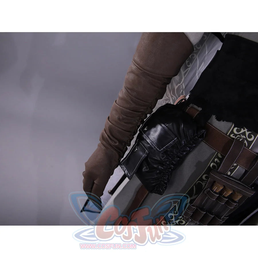 Bloodborne Ludwig cosplay costume side detail showing brown leather sleeve, decorative skull accessory, and belt pouches