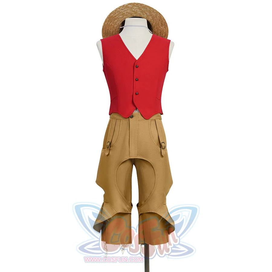 Luffy cosplay full costume set with red vest, tan pants, and straw hat displayed on a mannequin