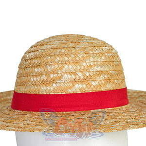 Close-up view of Luffy cosplay straw hat with wide brim and red band on a mannequin