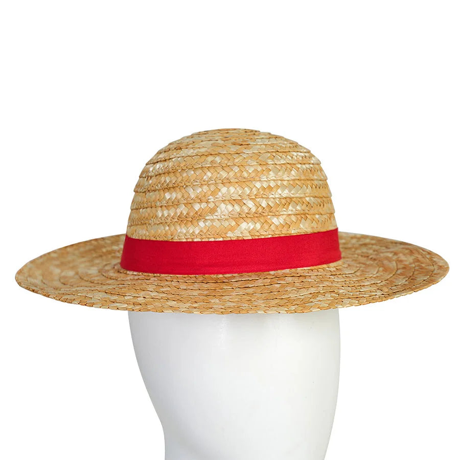 Luffy cosplay straw hat with red band, displayed on a white mannequin head, front view