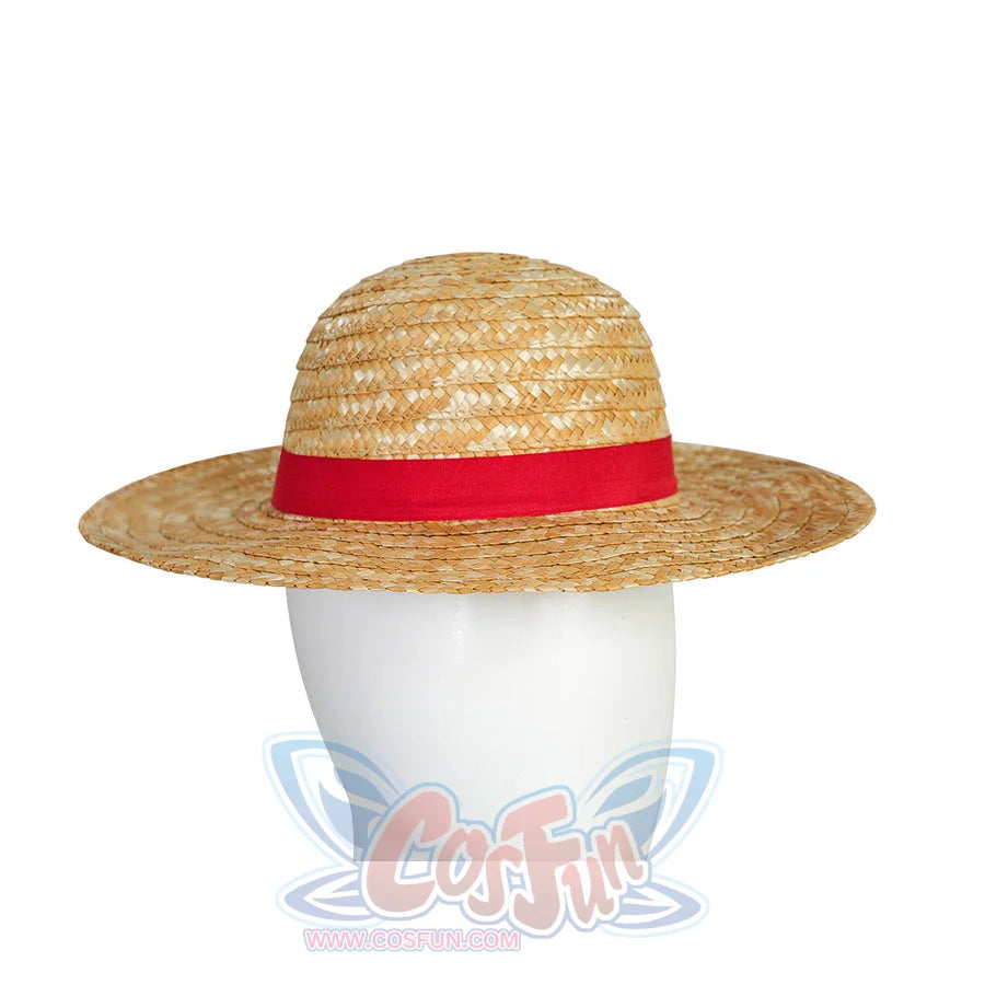 The iconic straw hat with wide brim and red ribbon included in the Luffy cosplay costume set.