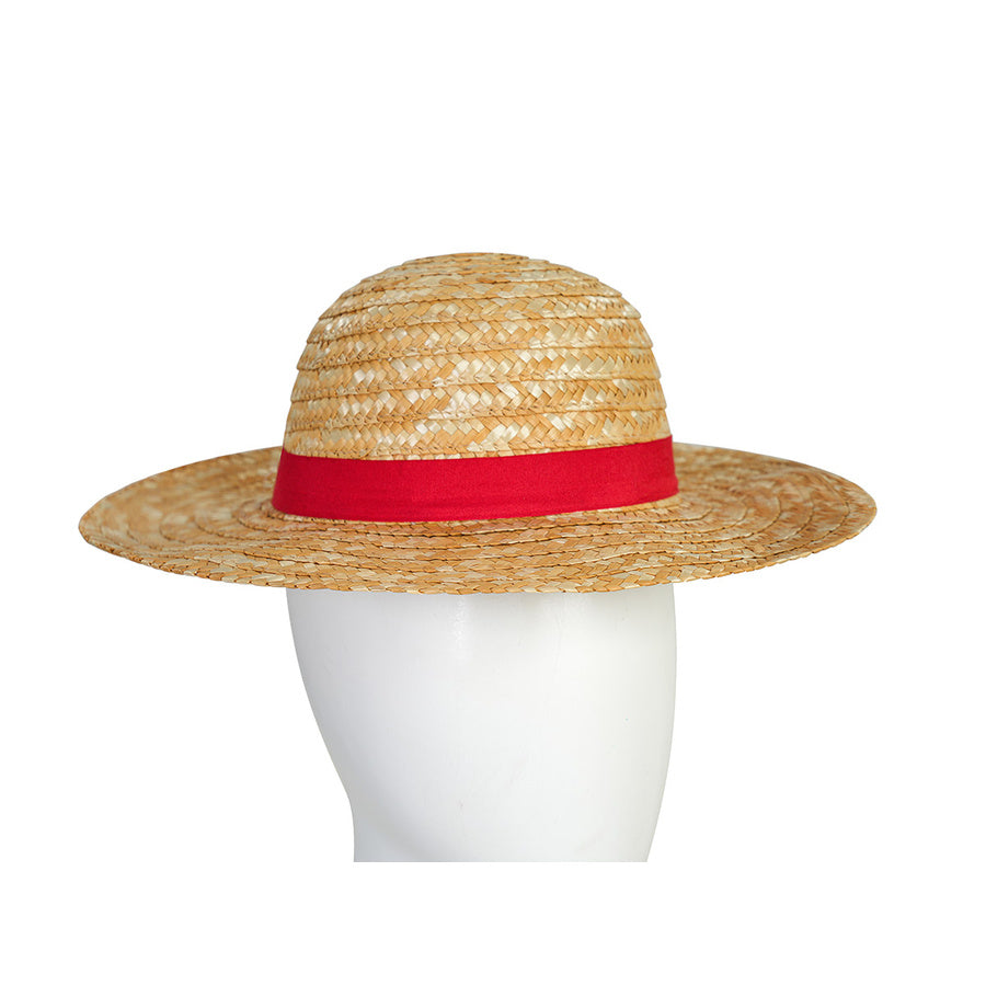 The iconic straw hat with wide brim and red ribbon included in the Luffy cosplay costume set.