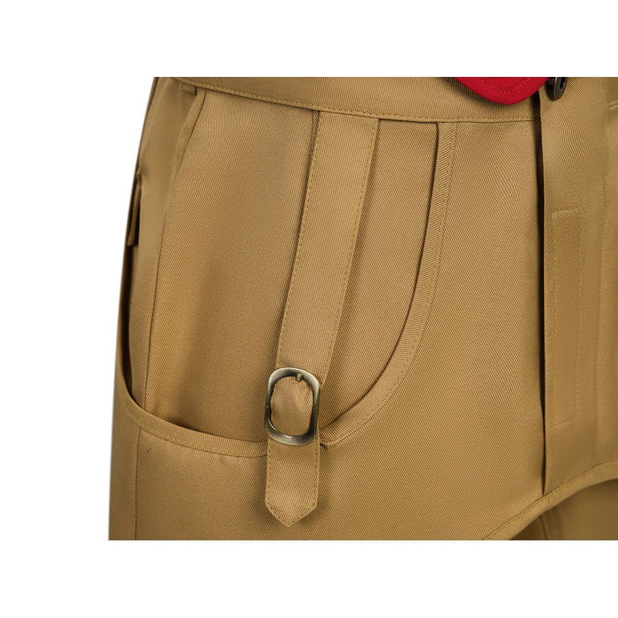 Detail shot of the metal D-ring buckle and side pocket on the tan pants in the Luffy cosplay costume.