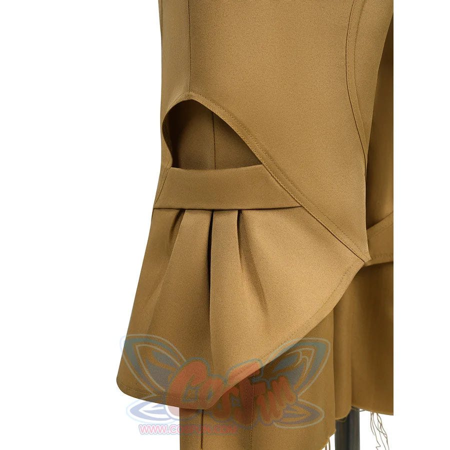 Side close-up of the distinctive thigh cutout and layered fabric flap on Luffy cosplay costume pants.