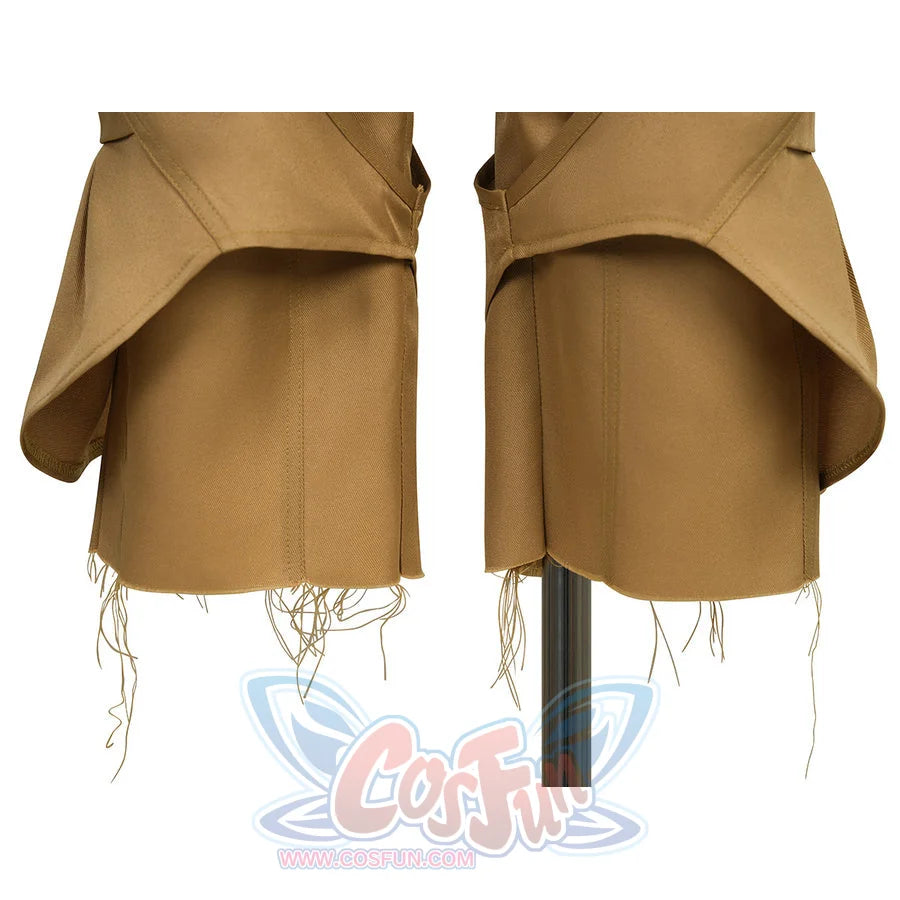 Close-up of the frayed fringe hem at the bottom of the pirate pants in Luffy cosplay costume.