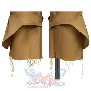 Close-up of the frayed fringe hem at the bottom of the pirate pants in Luffy cosplay costume.